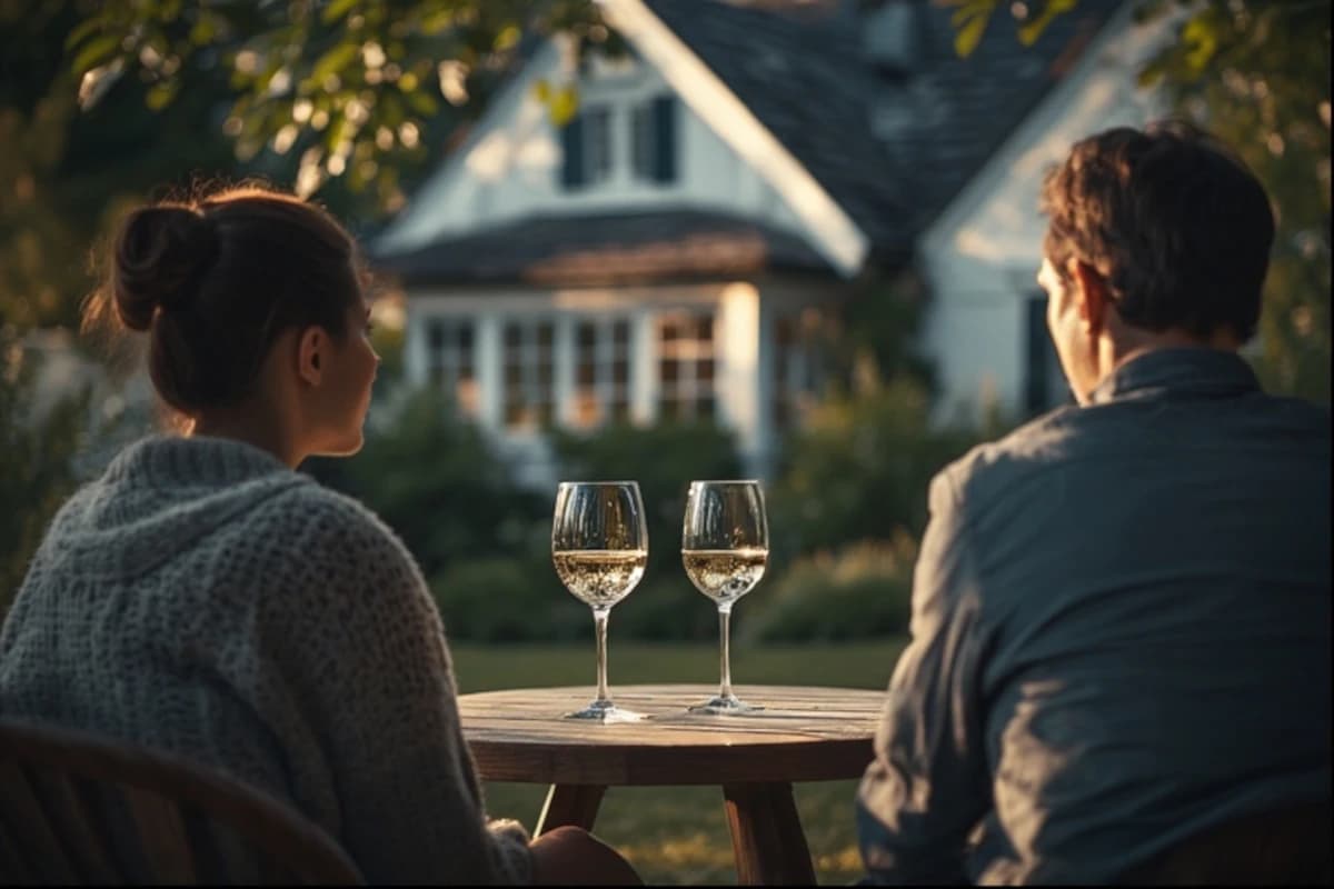 A happy family standing in front of their new home with moving boxes.