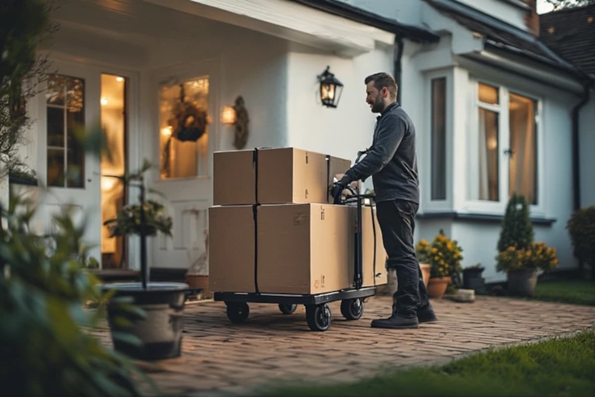 A team of movers carefully carrying a couch.